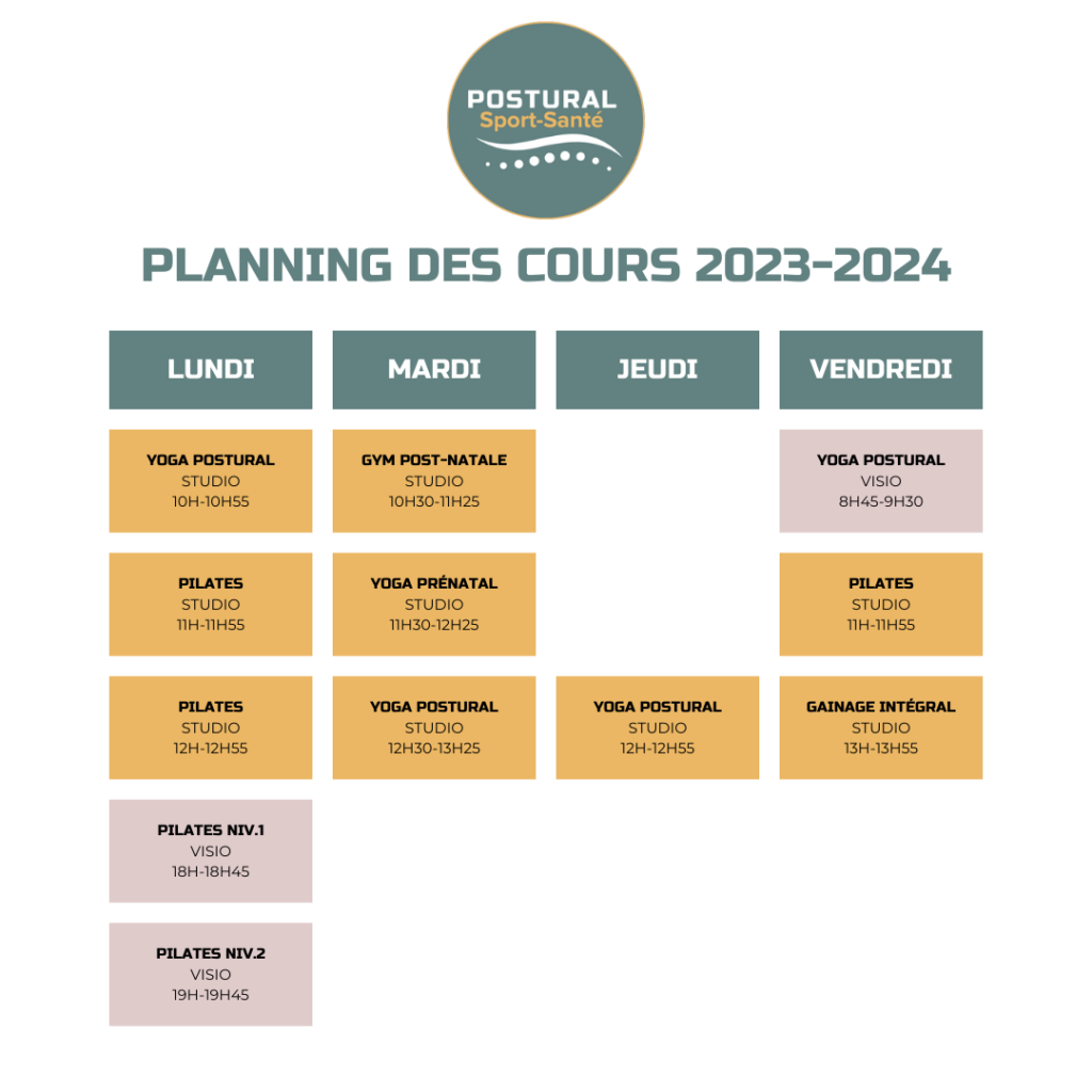 PLANNING DES COURS 2023-2024 DE L'ASSOCIATION POSTURAL SPORT-SANTÉ